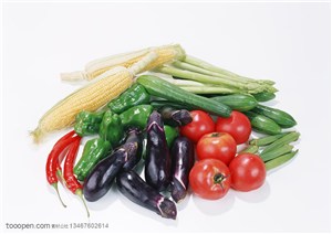 新鲜蔬菜-堆放在一起的西红柿、茄子、玉米、芦笙、黄瓜等新鲜蔬菜