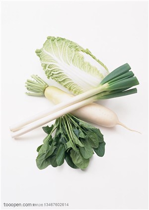新鲜蔬菜-架着摆放在一起的大白菜、大葱、白萝卜、菠菜