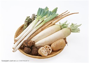 新鲜蔬菜-放在簸箕里的白萝卜、淮山、大葱、芋头等新鲜蔬菜