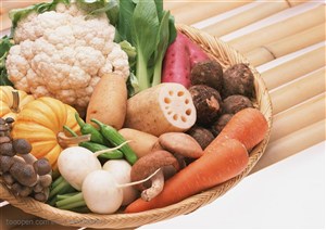 新鲜蔬菜-放在竹簸箕里的胡萝卜、花菜、藕、香菇、芋头、土豆、辣椒、白菜、红薯等