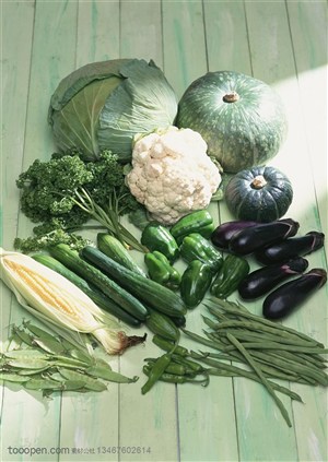 新鲜蔬菜-摆放在一起的玉米、四季豆、西兰花、茄子、南瓜、卷心菜等