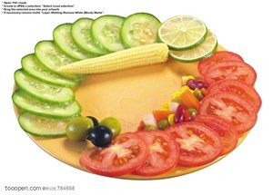 水果拼盘-装在盘子里排成圆形的西红柿片、黄瓜片、小玉米、橄榄、蓝莓等