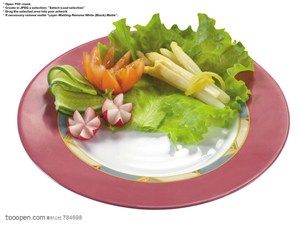 水果拼盘-俯视盘子里的生菜上放着芦笋、西红柿、黄瓜、小萝卜等