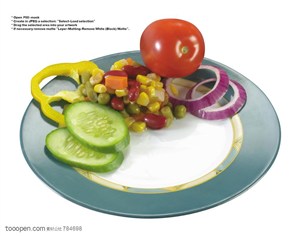 水果拼盘-俯视盘子里的洋葱圈、黄瓜片、西红柿、豆子等