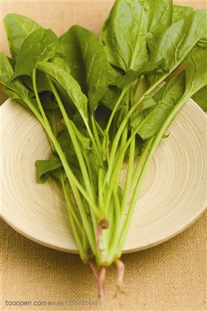 新鲜蔬菜-俯视盘子里的四根菠菜