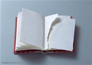 纸张特写-摊开的红色封面本子被撕下一页