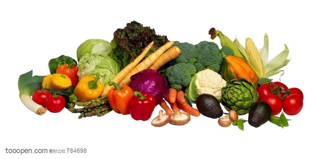 新鲜蔬菜-堆放在一起的灯笼椒、包菜、茄子、西红柿、玉米、芦笋等新鲜蔬菜