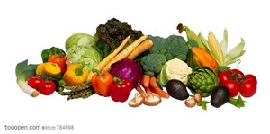 新鲜蔬菜-堆放在一起的灯笼椒、包菜、茄子、西红柿、玉米、芦笋等新鲜蔬菜