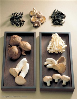 新鲜蔬菜-俯视盒子里的新鲜香菇和干蘑菇