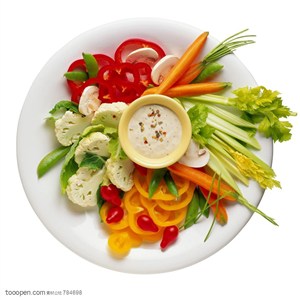新鲜蔬菜-俯视盘子里的西红柿、花菜、芹菜等蔬菜沙拉