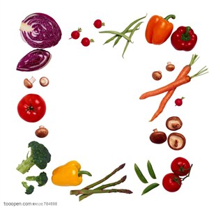 新鲜蔬菜-围成一个圈的紫包菜、灯笼椒、蘑菇、西兰花、芦笋等