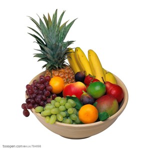 新鲜水果-摆放在碗里的菠萝、红提、葡萄、芒果、香蕉