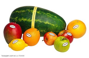 新鲜水果-摆放在一起的西瓜、橙子、苹果、柠檬、芒果