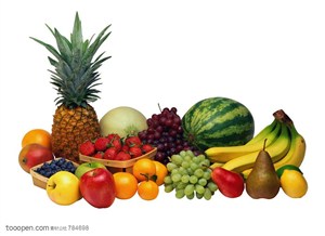 新鲜水果-堆放在一起的菠萝、香蕉、西瓜、橙子、葡萄等