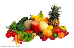 新鲜水果-堆放在一起的菠萝、橘子、香蕉、哈密瓜、西红柿、芹菜等