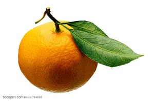 新鲜水果-一个带叶子的橘子特写