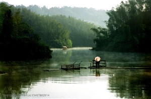 竹林风景-竹林山丘中间的小河里泛起的小舟