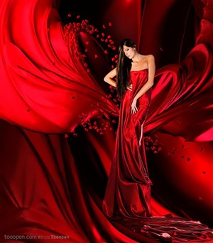 红色绸缎 性感美女 高清图片素材