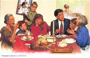 圣诞节聚在一起吃火鸡的全家人