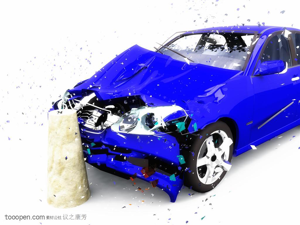 蓝色轿车撞在水泥柱上的瞬间