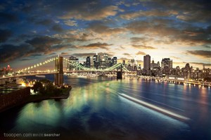 美国纽约繁华城市夜景和跨江大桥