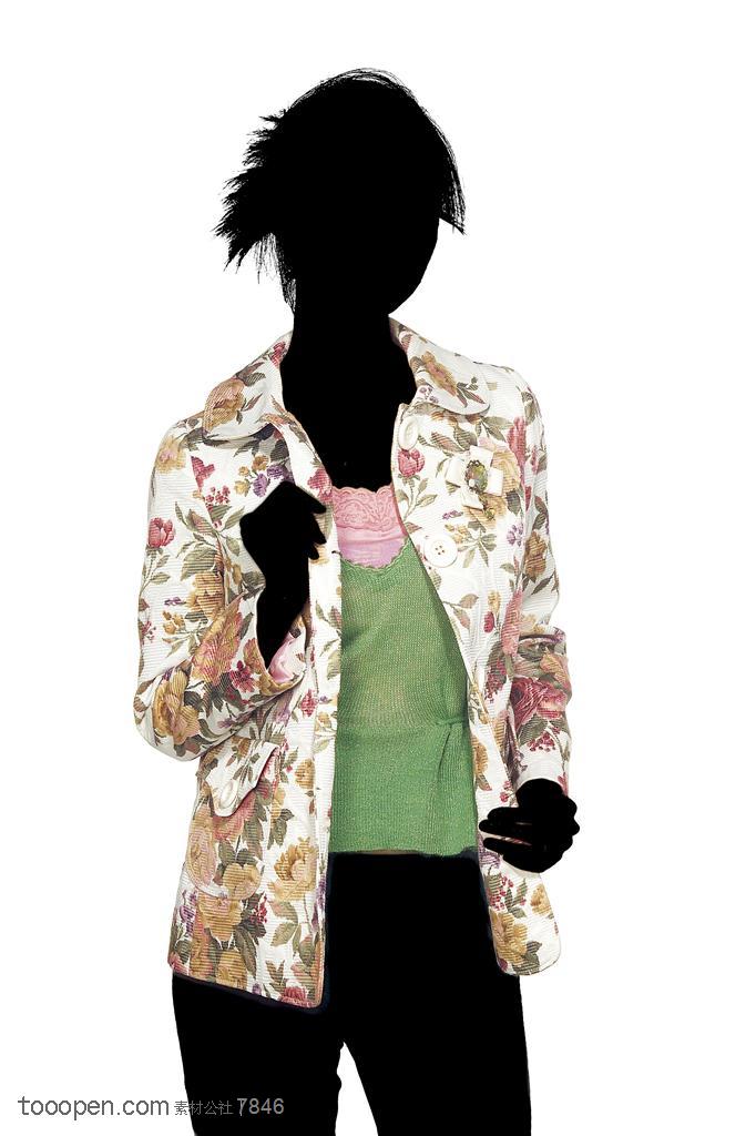 剪影人物服装展示花外套和毛线女性背心手绘插画