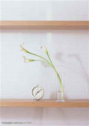 家俱饰品-放在架子上的时钟和花草