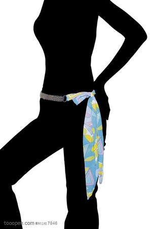 剪影人物服装展示女性腰部腰带和丝巾手绘插画