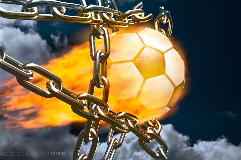 火焰-环绕着火苗的足球冲破铁链