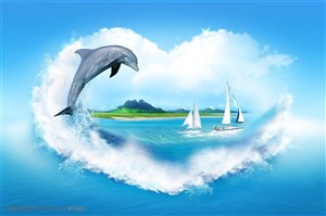精美心海高清图片--海豚跳跃帆船在海中行驶