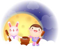 儿童与动物插画-中秋节和月兔一起捣药的女孩