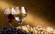 紫葡萄和白葡萄与高脚酒杯里的红酒、香槟