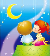 卡通儿童插画－月光下屋檐上接吻的小情侣
