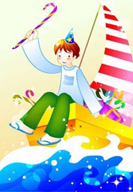 卡通儿童插画-坐在船上拿着魔法拐杖的少年