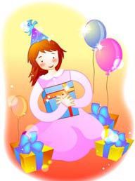 卡通儿童插画-过生日收到礼物的快乐少女
