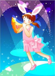 卡通儿童插画-吹奏乐器长着兔耳朵的少女