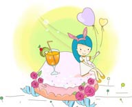简笔儿童插画-坐在蛋糕上难着气球的小女孩