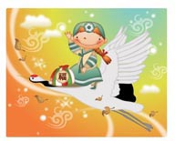 韩国儿童插画－骑着白鹤带着福袋的韩国小朋友