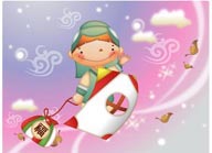韩国儿童插画－踩着风筝带着福袋的韩国男孩