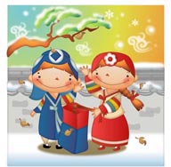 韩国儿童插画－冬天屋外提着灯笼的韩国小朋友