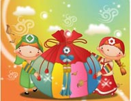 韩国儿童插画－抱着福袋的韩国男孩和女孩