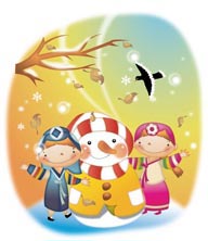 韩国儿童插画－冬天堆雪人的韩国小朋友