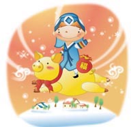 韩国儿童插画－骑着金猪戴着福袋的韩国小朋友