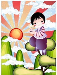 韩国儿童插画－站在树上的韩国少年
