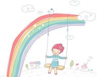 简笔儿童插画－彩虹下荡秋千的女孩