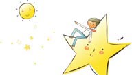 简笔儿童插画－坐在星星上指着太阳的男孩