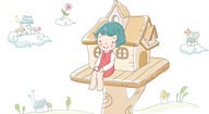 简笔儿童插画－坐在木房子上的小女孩