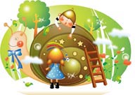 幻想儿童插画－和蜗牛玩耍的男孩和女孩