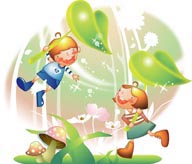 幻想儿童插画－拿着树叶腾飞的男孩和女孩