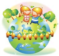 幻想儿童插画－低碳环保站在地球上快乐的男孩和女孩